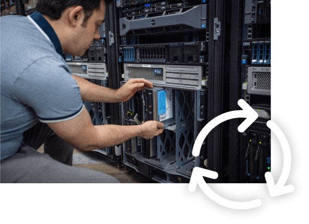 An image of an engineer pulling a part out of an equipment rack with a circular arrow icon overlaying it