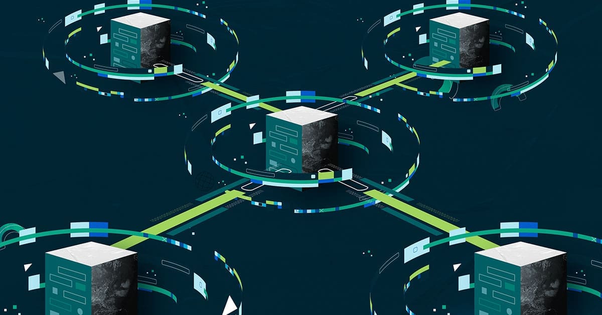 A stylized image representing several computer systems connected