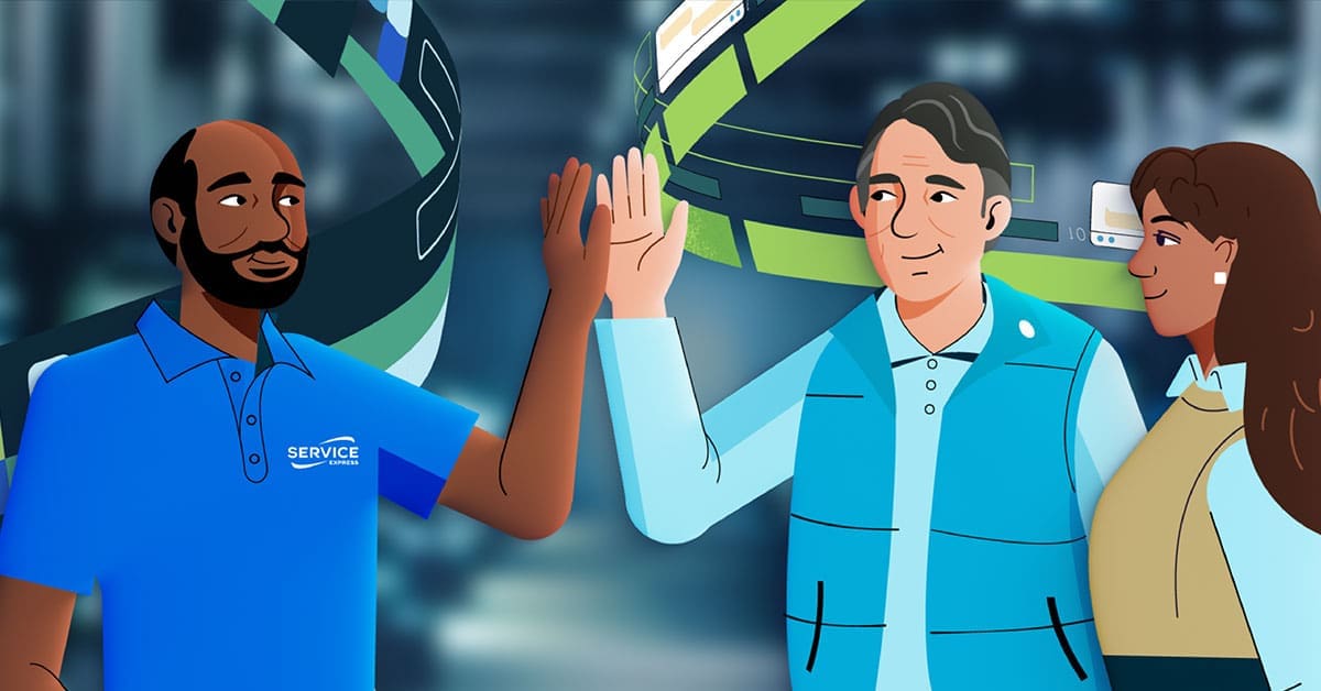 A cartoon image of a Service Express engineer and customer high fiving